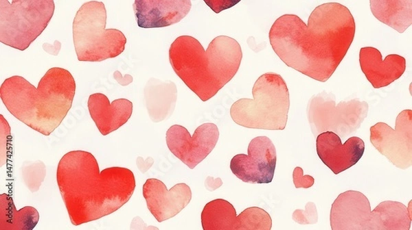 Fototapeta A pattern of various watercolor hearts in shades of red on a white background.