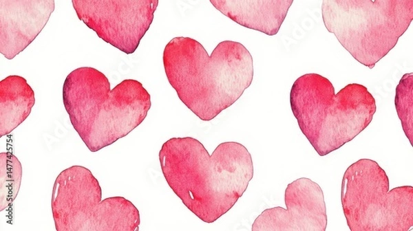 Fototapeta A pattern of various watercolor hearts in shades of red on a white background.