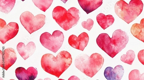 Fototapeta A pattern of various watercolor hearts in shades of red on a white background.