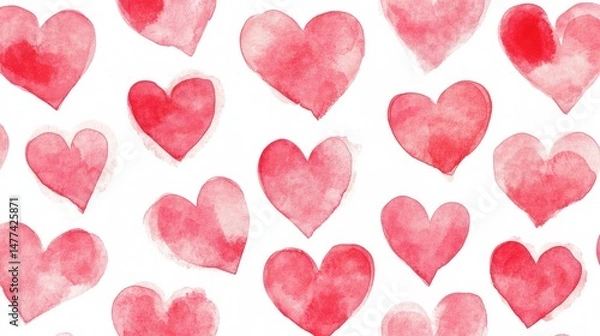 Fototapeta A pattern of various watercolor hearts in shades of red on a white background.