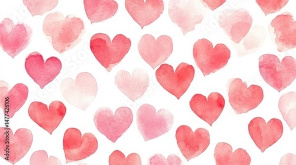 Fototapeta A pattern of various watercolor hearts in shades of red on a white background.