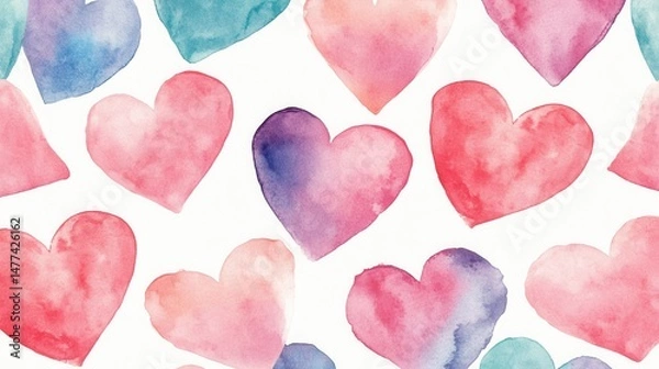 Fototapeta A pattern of various watercolor hearts in shades of red on a white background.