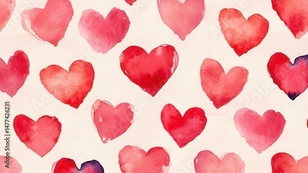Fototapeta A pattern of various watercolor hearts in shades of red on a white background.