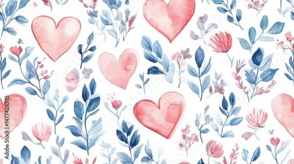 Fototapeta A pattern of various watercolor hearts in shades of red on a white background.