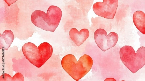 Fototapeta A pattern of various watercolor hearts in shades of red on a white background.