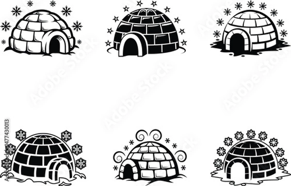 Fototapeta Modern igloo surrounded by snowflake silhouette vector illustration, igloo surrounded by snowflake line art vector, igloo surrounded by snowflake vector icon set