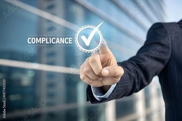Fototapeta ISO certification approval concept. A person highlighting ISO certification process with a glowing check mark. global standards and quality assurance in business management and operations. iso 9001