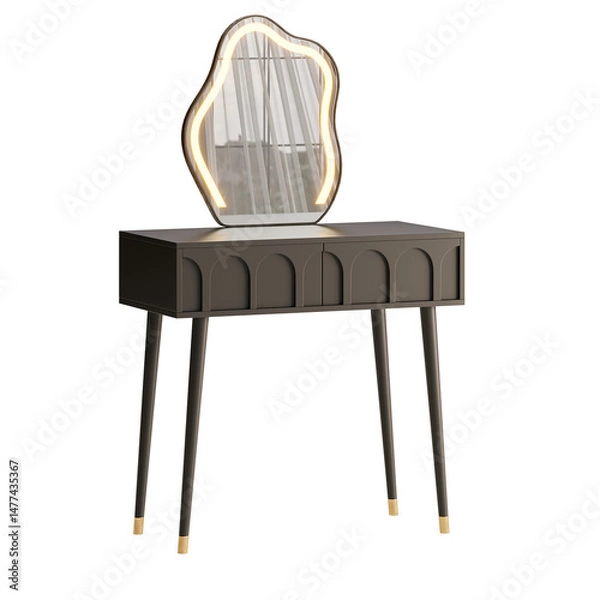 Fototapeta A black vanity with a mirror and a light on it