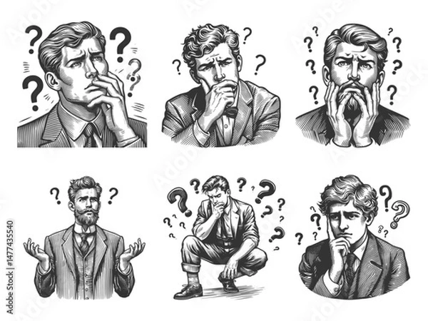 Obraz Businessman men with puzzled, uncertain, and thoughtful expressions, surrounded by question marks Set collection bundle sketch engraving generative ai vector. Scratch board. Black and white image.