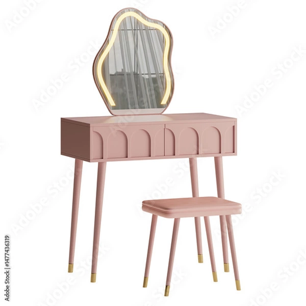 Fototapeta A pink vanity with a mirror and a pink stool