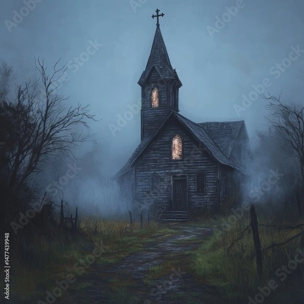 Obraz A solitary, old, wooden church sits on a foggy path in the woods.