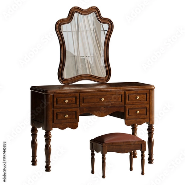 Fototapeta A wooden vanity with a mirror and a stool