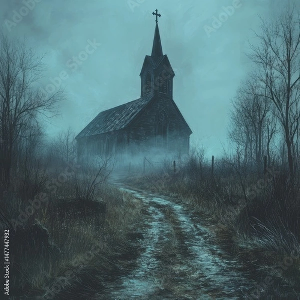 Obraz A spooky, fog-shrouded path leads to a mysterious old church with a tall steeple, surrounded by barren trees.
