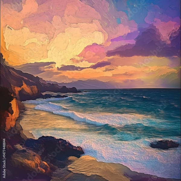 Fototapeta Stunning Sunset Over Ocean Waves, Capturing a Serene Coastal Landscape with Vibrant Colors and Tranquil Atmosphere - Generative AI Artwork.