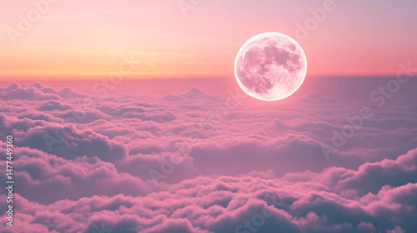 Fototapeta Surreal scene of a pink moon glowing above a dreamy cloudscape, casting a mystical light across the sky.