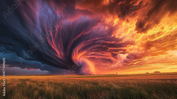 Fototapeta The powerful funnel twists gracefully as vibrant hues of orange, purple, and red paint the celestial canvas, creating a striking and cinematic scene.