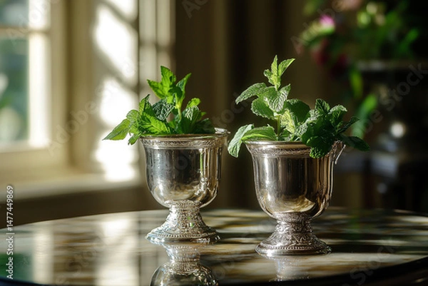 Fototapeta Two Refreshing Mint Juleps Served in Elegant Silver Cups.