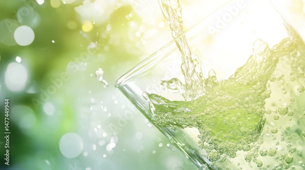 Fototapeta Ultra-realistic image of fresh water being poured into a clear glass, with splashes and bubbles, set against a sunny background featuring green bokeh.