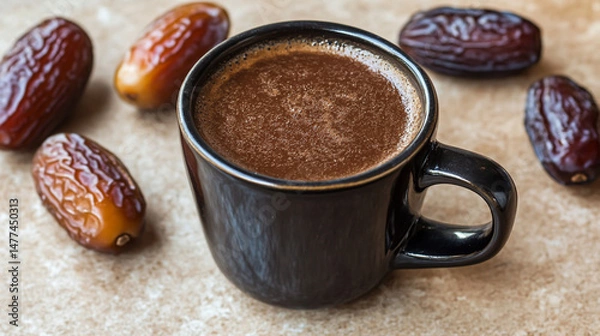 Fototapeta Healthy organic date seed coffee in a black cup, made from grated date seeds, accompanied by whole dates and their seeds, set on a beige background.