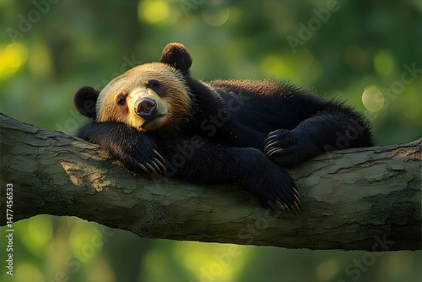 Fototapeta Panda bear resting on tree branch in forest setting