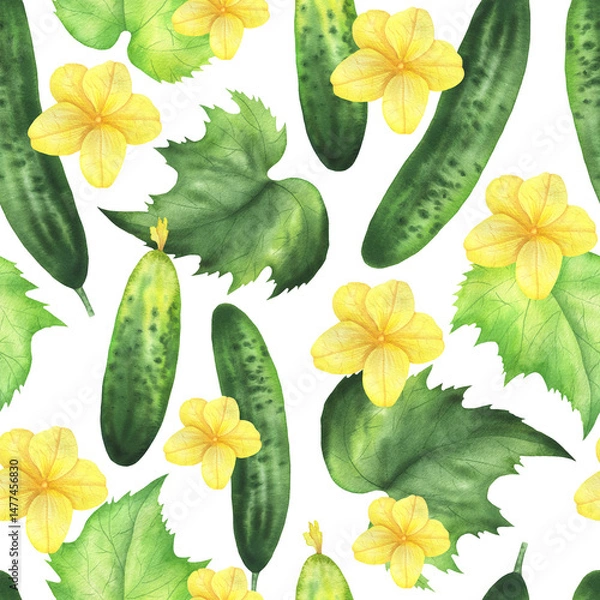 Fototapeta Pattern of cucumber leaves and flowers