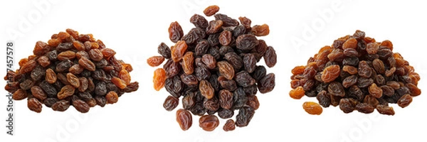 Fototapeta A set of richly textured deep brown dried raisins in a natural heap, isolated on a transparent background