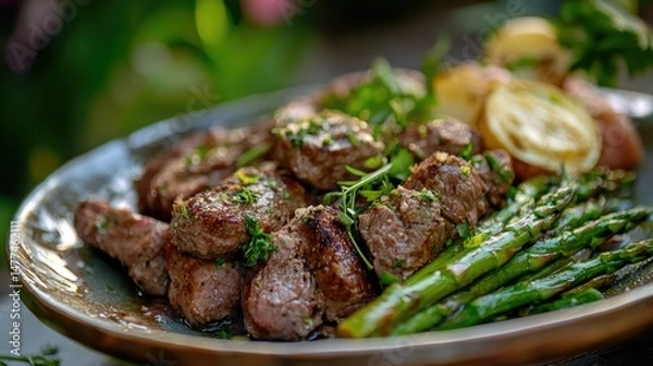 Fototapeta A gourmet plate featuring two grilled lamb chops with charred edges, accompanied by creamy risotto garnished with herbs.