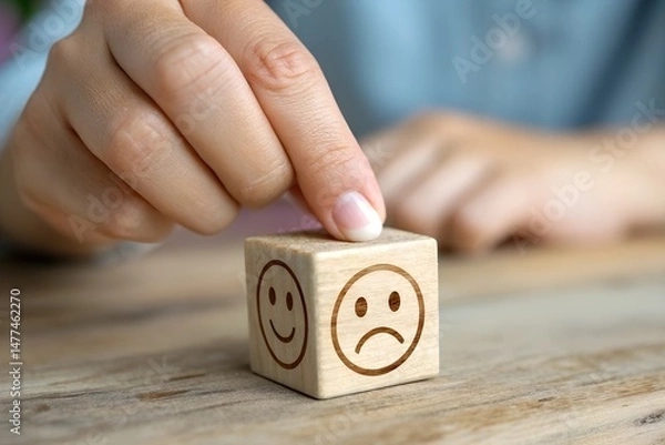 Fototapeta Man hand points on a wooden cube with happy smile face on bright side and unhappy face on dark side of wooden block cube for a positive mindset selection. Emotional state and mental health concept.