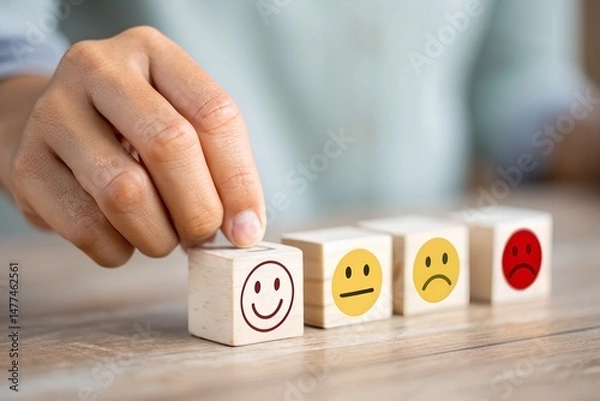 Fototapeta Man hand points on a wooden cube with happy smile face on bright side and unhappy face on dark side of wooden block cube for a positive mindset selection. Emotional state and mental health concept.