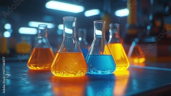 Fototapeta Colorful beakers filled with vibrant liquids in a laboratory setting.  Detailed scientific equipment and bright lights are visible in the background