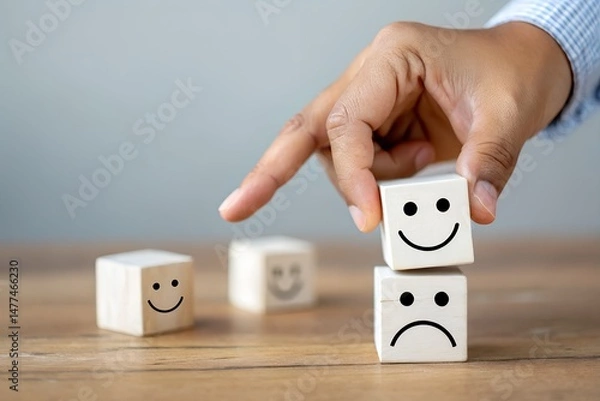 Fototapeta Man hand points on a wooden cube with happy smile face on bright side and unhappy face on dark side of wooden block cube for a positive mindset selection. Emotional state and mental health concept.