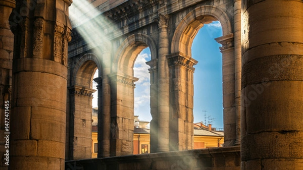 Fototapeta Sunlight Streaming Through Ancient Roman Arches and Columns in Verona Italy