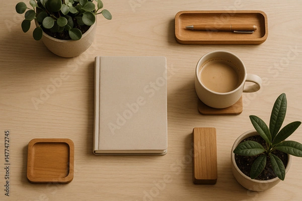 Fototapeta Minimalist Workspace Flat Lay with Coffee, Notebook, and Plants – Warm Natural Aesthetic for Productivity and Calm
