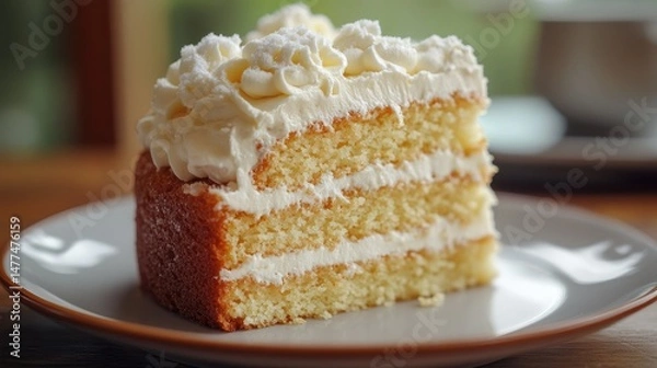Fototapeta A slice of vanilla cake with creamy frosting sits on a white plate.
