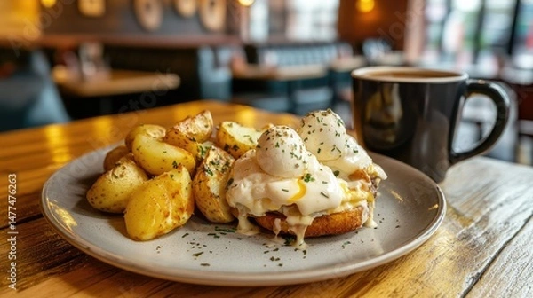 Fototapeta A plate featuring Eggs Benedict, consisting of toasted English muffins topped with poached eggs and drizzled with creamy hollandaise sauce.