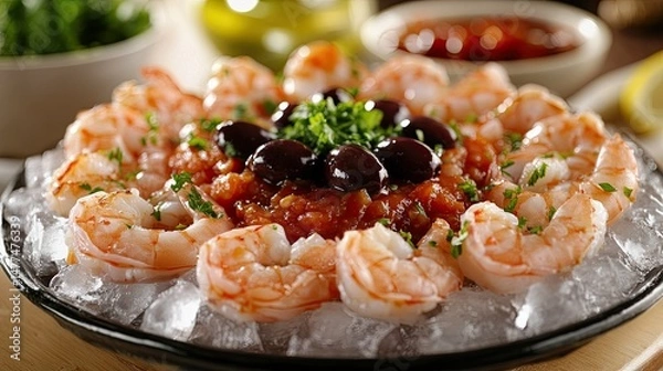 Fototapeta A close-up view of a seafood platter featuring large, peeled shrimp resting on a bed of crushed ice, surrounded by various garnishes.