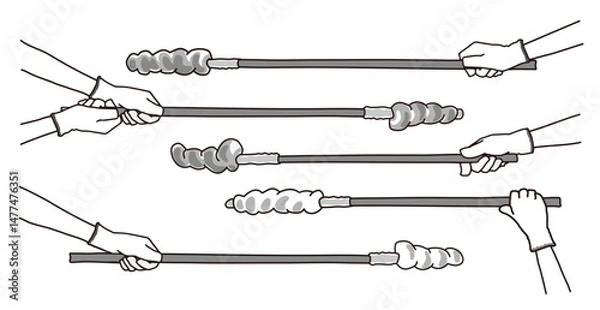 Obraz 焼き色のついた棒パンを、軍手をつけた手で持つモノクロイラストセット