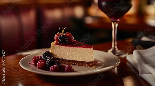 Fototapeta A slice of cheesecake topped with a strawberry and whipped cream is served on a white plate, alongside a colorful assortment of fresh raspberries, blueberries, and blackberries.
