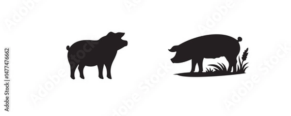 Fototapeta Set of three pig silhouettes in profile, each with distinct body shapes and features, isolated on a white background for agricultural or design use