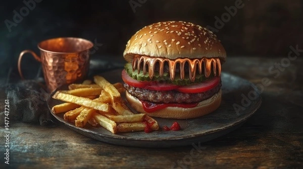 Fototapeta A mouth-watering cheeseburger topped with melted cheese and fresh lettuce, served in a toasted brioche bun.