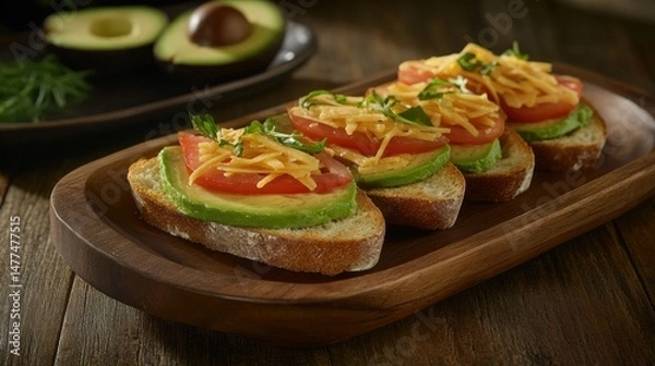 Fototapeta Three slices of toasted bread topped with creamy avocado slices and halved cherry tomatoes are arranged on a wooden platter.
