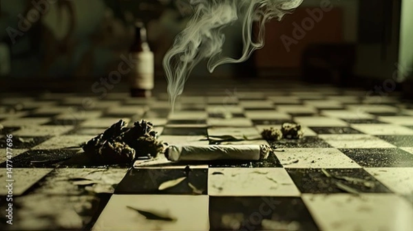 Fototapeta A close-up image of a chessboard surface scattered with cannabis buds and ground marijuana.