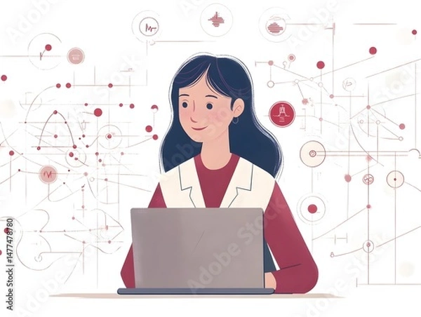 Fototapeta A young female scientist smiles while working on her laptop amidst complex data visualizations and network diagrams in her lab.