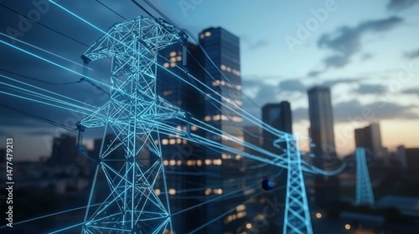 Fototapeta Futuristic Smart City at Dusk with Glowing Power Lines and Tall Buildings