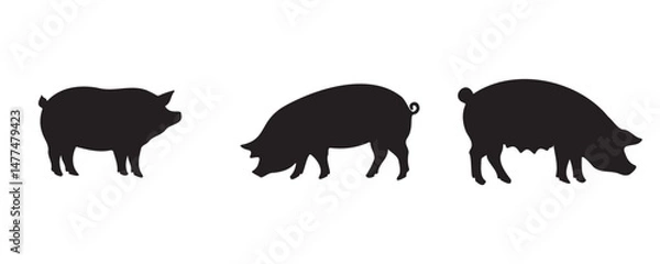 Fototapeta Silhouettes of three pigs with distinct physiques, ideal for educational charts, farming visuals, meat industry guides, or minimalist animal design projects