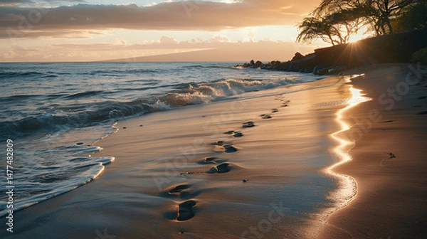 Fototapeta Footprints on the beach at sunset with waves and trees in the background creating a peaceful scene .