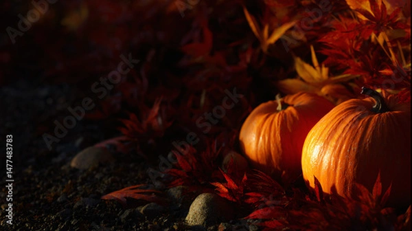 Fototapeta Vibrant autumn pumpkins and colorful fall will make a perfect scene for thanksgiving or fall themed designs.