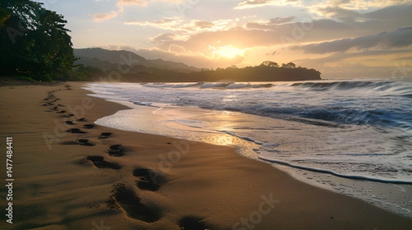 Fototapeta Footprints on the beach at sunset with waves trees and mountains in the background scenery landscape .
