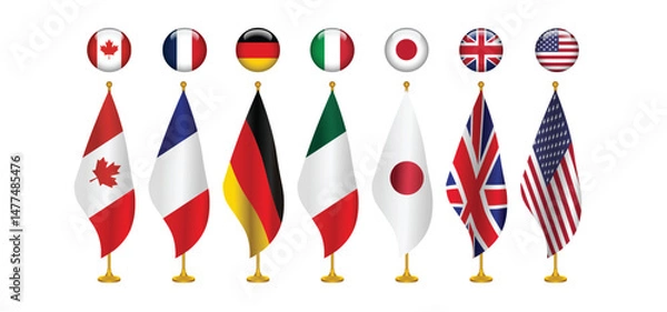 Fototapeta 7 countries flag with pole and button flag vector on white isolated