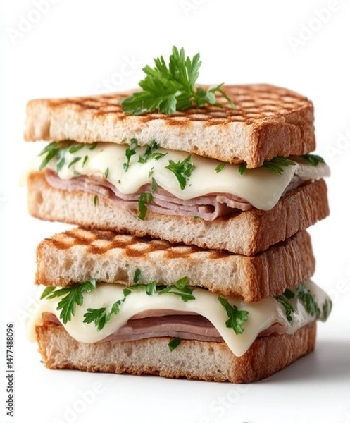 Fototapeta Delicious Grilled Cheese Sandwich with Fresh Herbs and Ham
